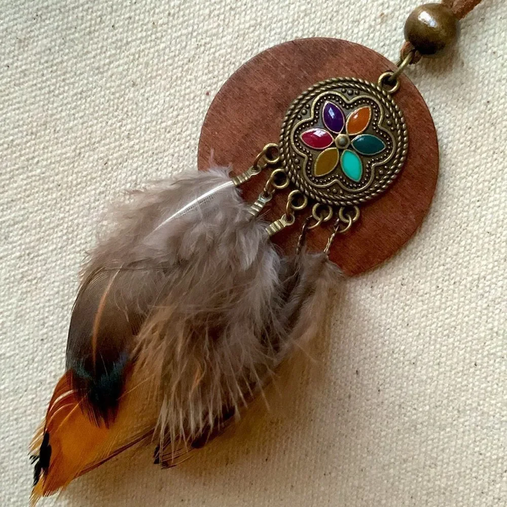 Nomad Wood Enamel Feather Pendant Necklace in Bronze Tone